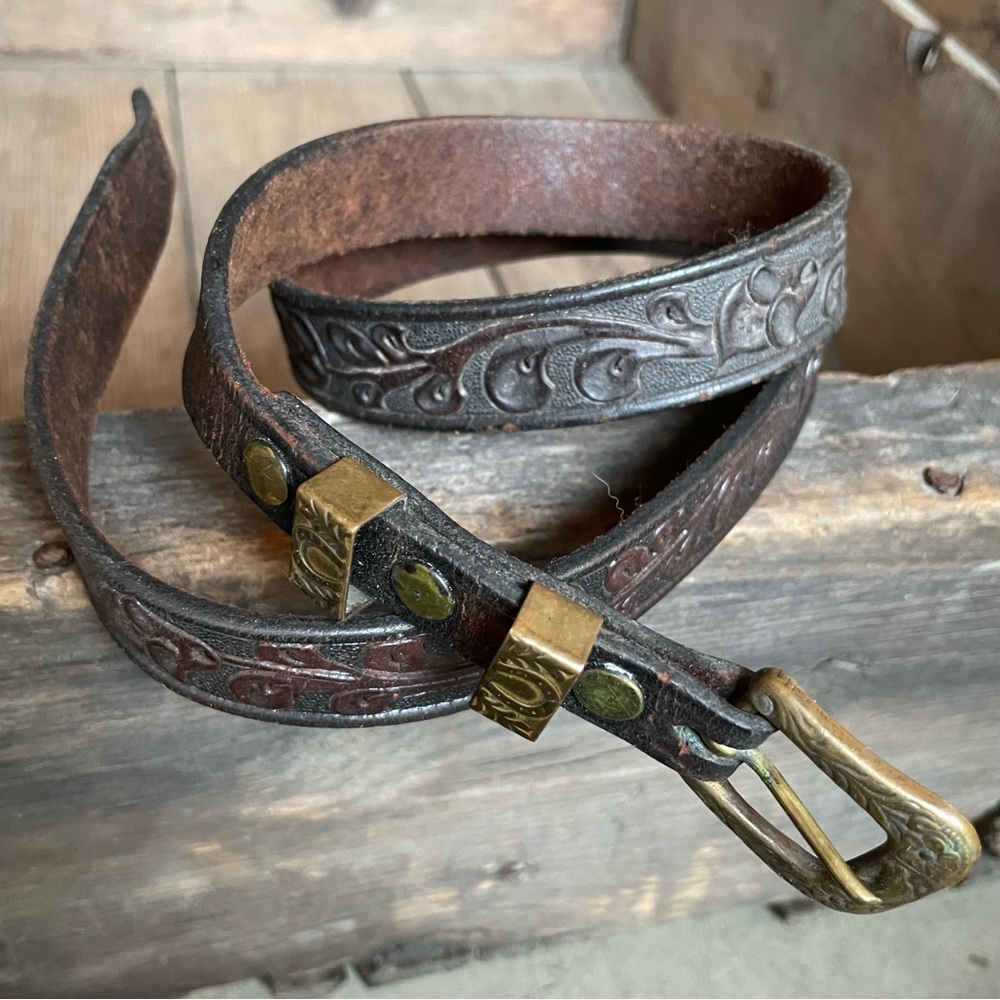 For Crafting - Hand Tooled Saddle Belt Leather Gold Tone Buckle Vintage - Picture 4 of 8